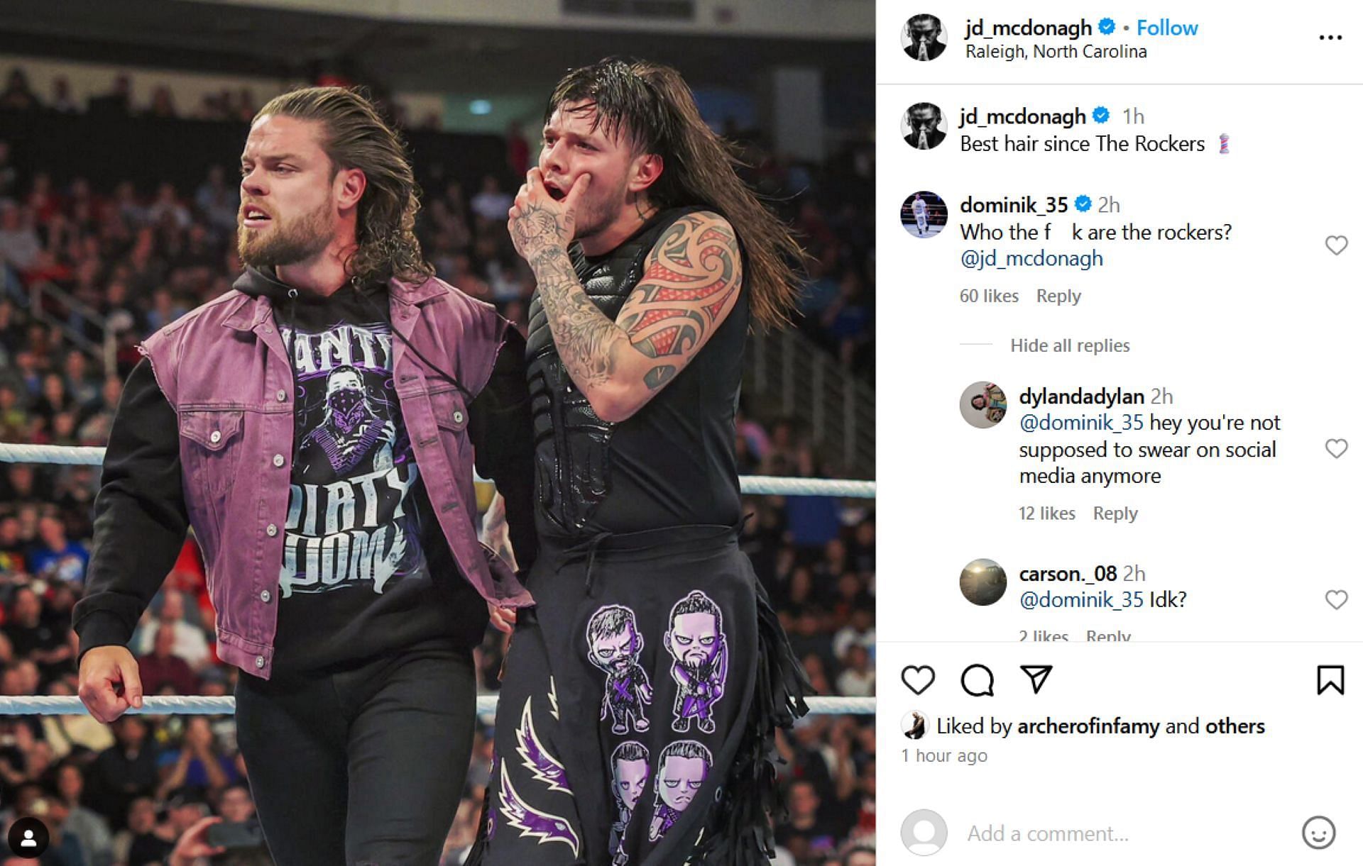 Screenshot of Dominik Mysterio's comment on JD McDonagh's Instagram post